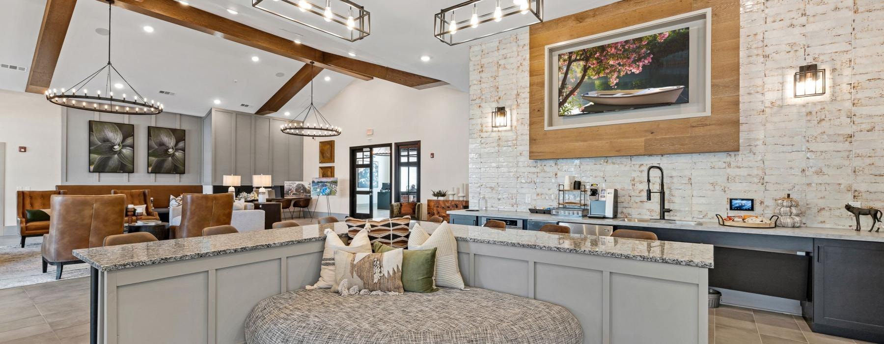 a large kitchen with lounge seating