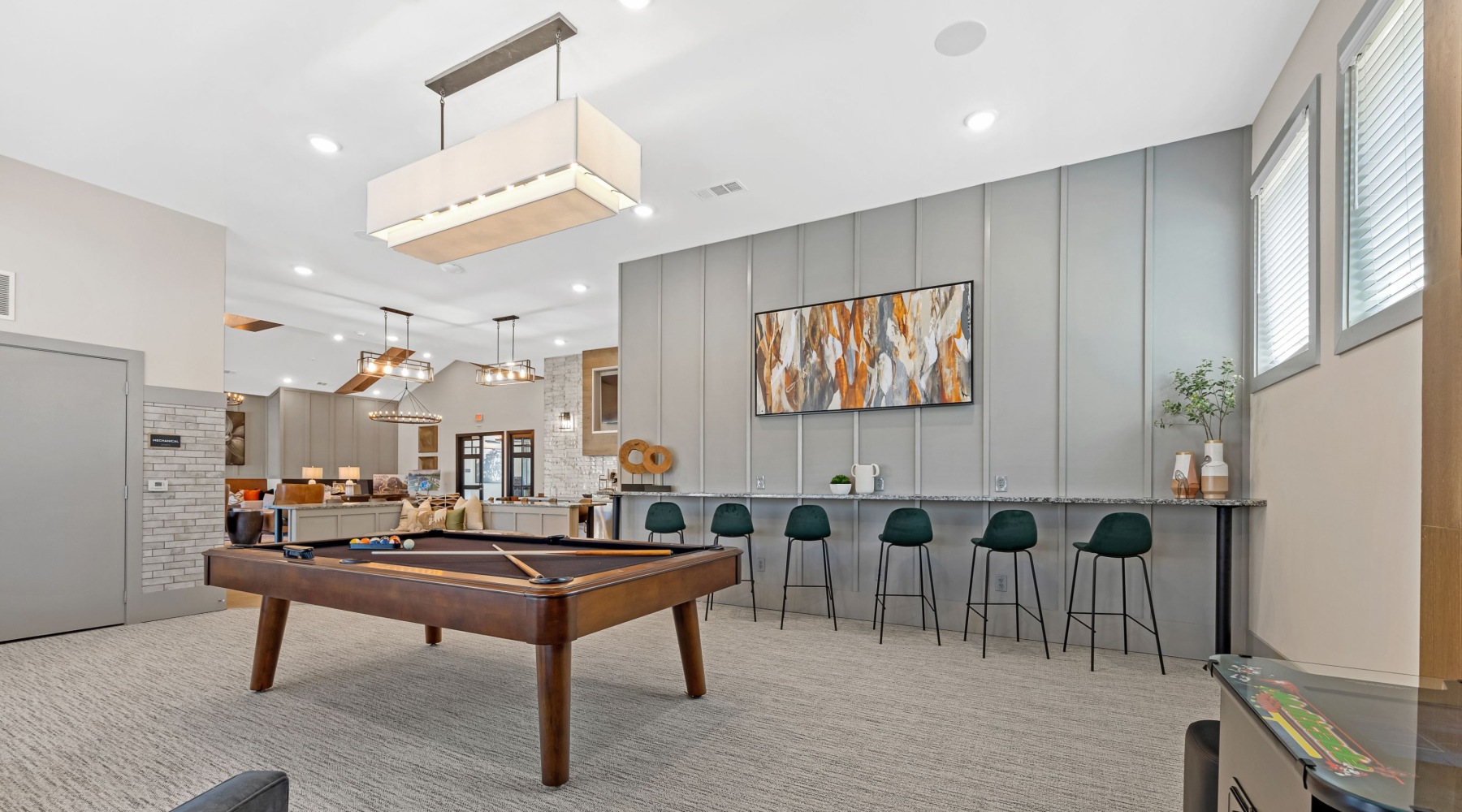 Beautiful clubroom with lounge seating and gaming areas